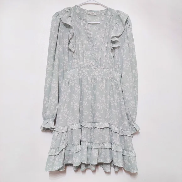 By The River Mint Floral Ruffle Dress Cottagecore Boho Sheer Mini S Spring - Picture 4 of 9